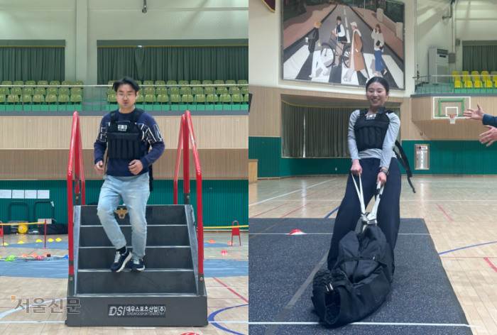 남녀 통합 선발을 위해 올해 처음 도입된 경찰 순경 공채 ‘순환식 체력검사’에 대한 관심이 뜨겁다. 지난 9일 서울 노원구 서울과학기술대 실내체육관에서 열린 체험 현장을 찾은 본지 김신우(왼쪽)·이지(오른쪽) 수습기자가 ‘장애물 달리기’와 ‘구조하기’ 종목을 체험하고 있다.