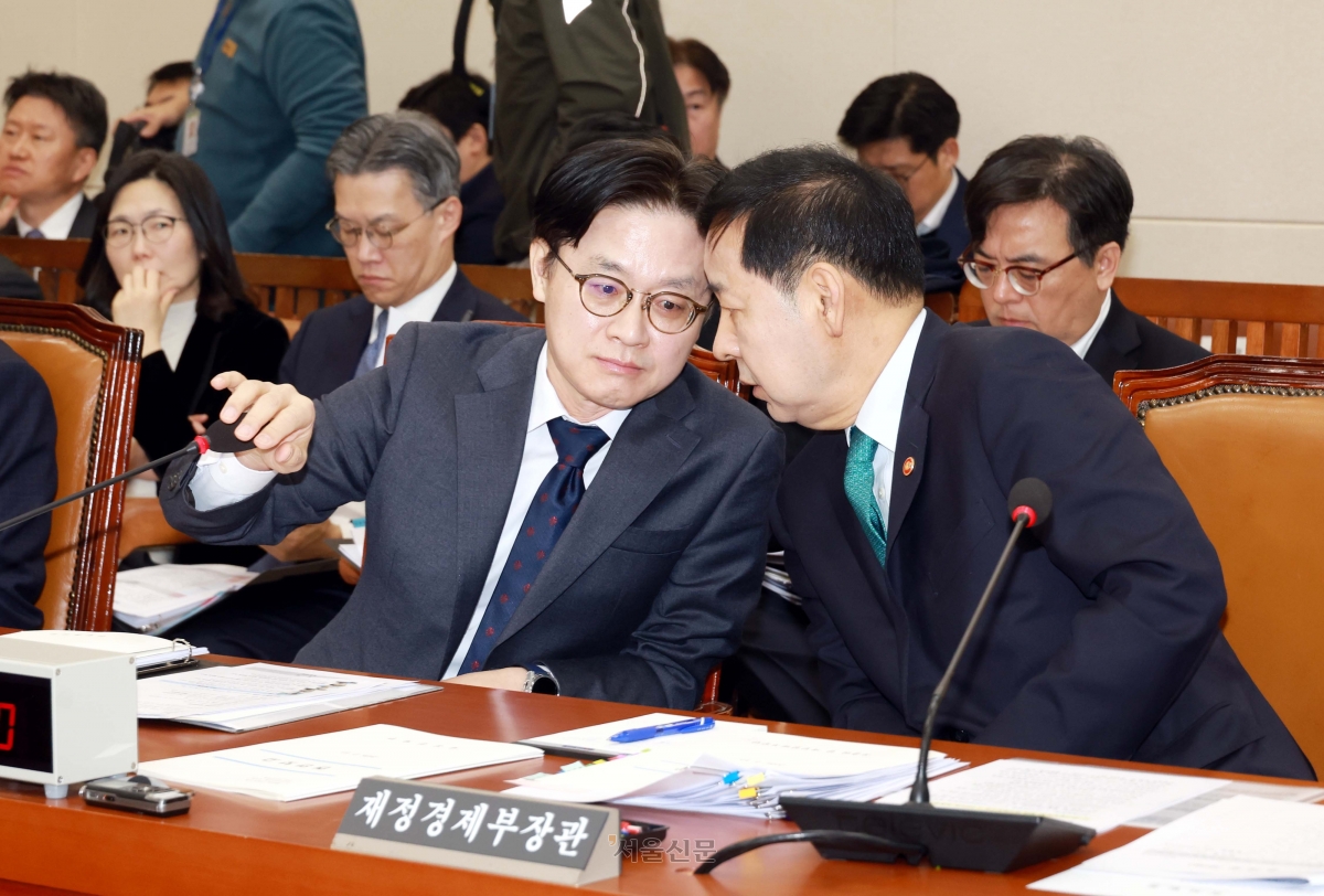 구윤철 경제부총리 겸 재정경제부 장관과 김정관 산업통상부 장관이 12일 국회에서 열린 대미투자특별법 처리를 위한 특별위원회 제1차 전체 회의에 참석해 대화하고 있다. 2026.2.12 안주영 전문기자