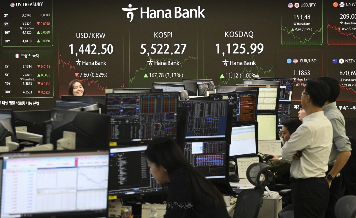 코스피가 사상 처음으로 5500을 돌파 마감했다. 주가지수가 12일 서울 중구 하나은행 딜링룸 전광판에  표시되고 있다. 이날 코스피는 전 거래일 대비 167.78p(3.13%) 상승한 5522.27에 장을 마쳤다. 2026.2.12 이지훈 기자