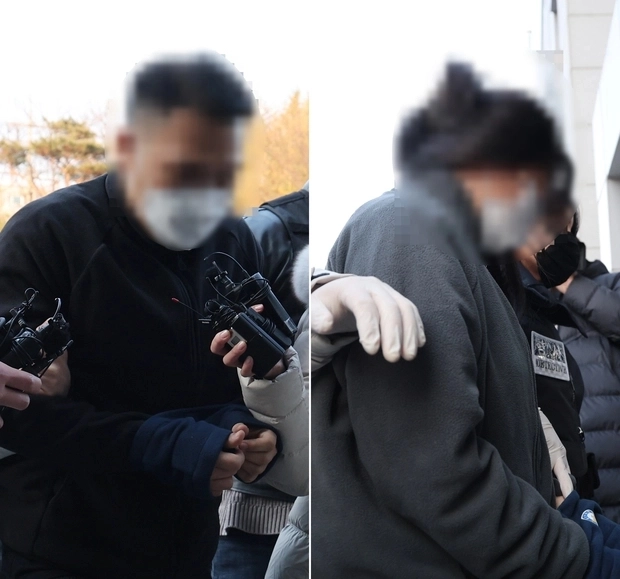 캄보디아에 거점을 두고 딥페이크 기술을 이용해 100억원대 ‘로맨스 스캠’ 사기를 벌인 부부가 지난달 23일 국내로 송환된 데 이어 조사를 받기 위해 울산경찰청으로 압송되고 있다. 연합뉴스