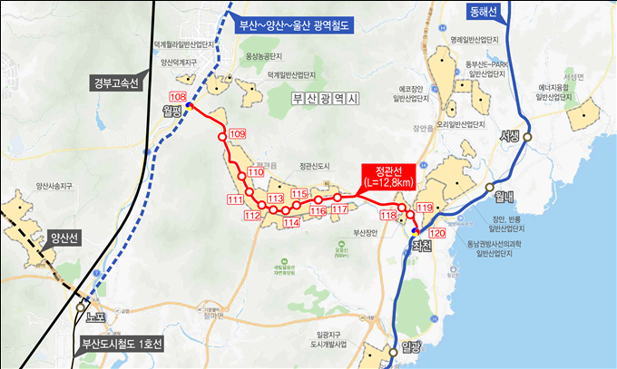 도시철도 정관선 노선도. 부산시 제공