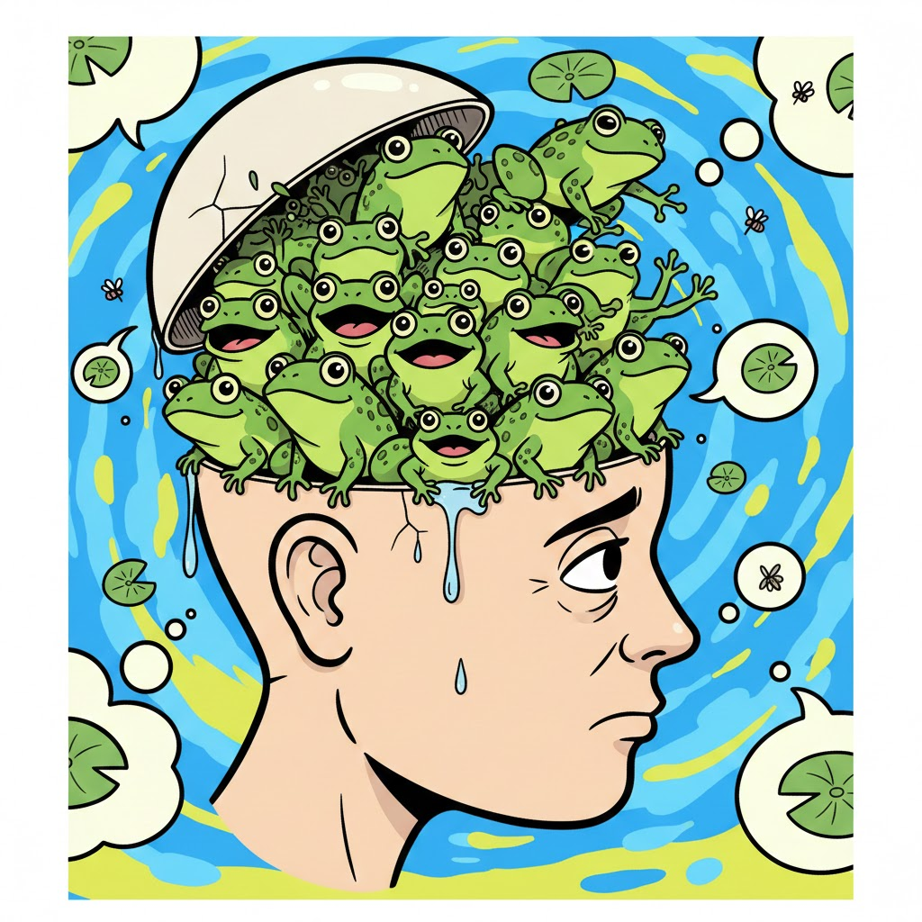 머릿속에 개구리가 들어찬 모습.  제미나이 생성 이미지