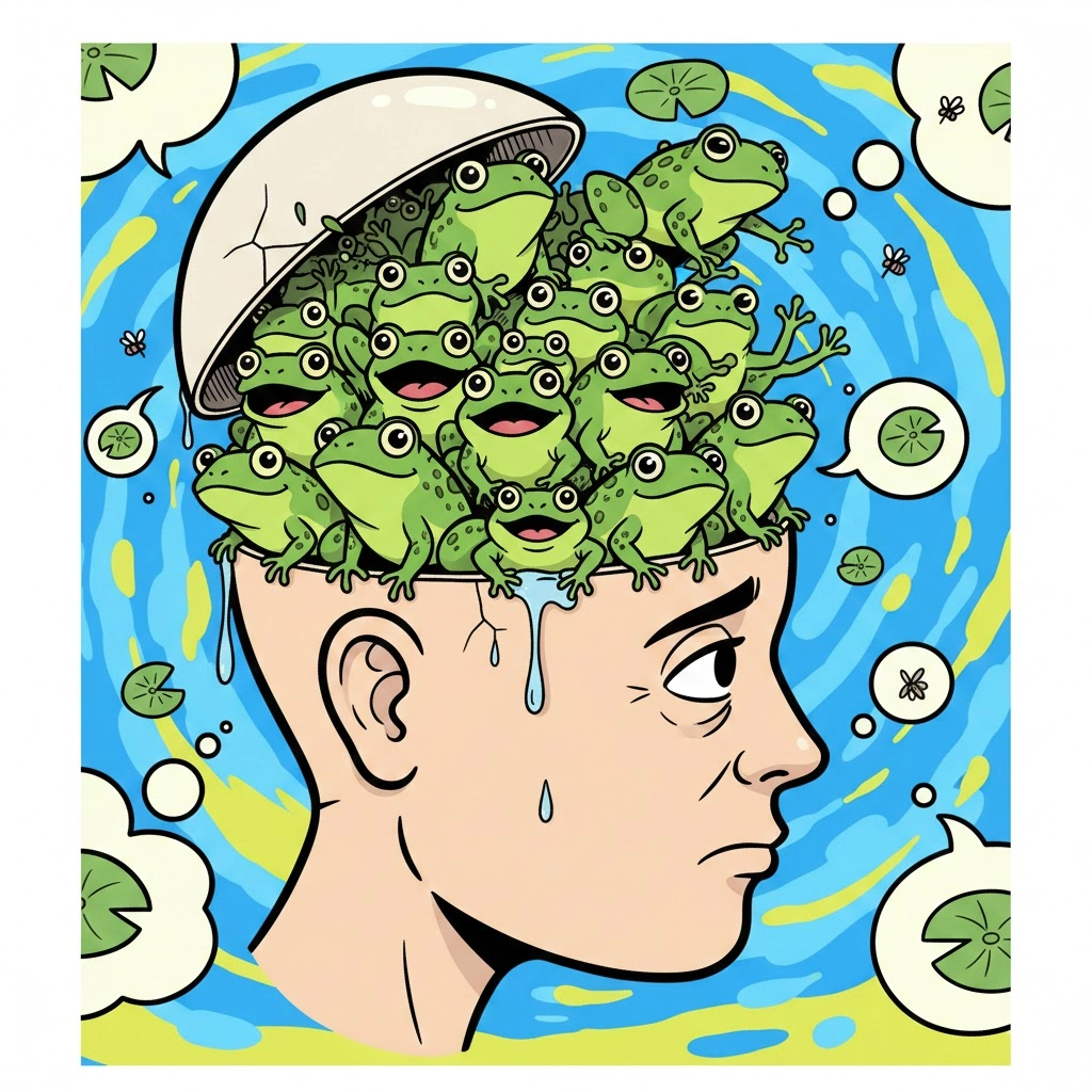 머릿속에 개구리가 들어찬 모습.  제미나이 생성 이미지