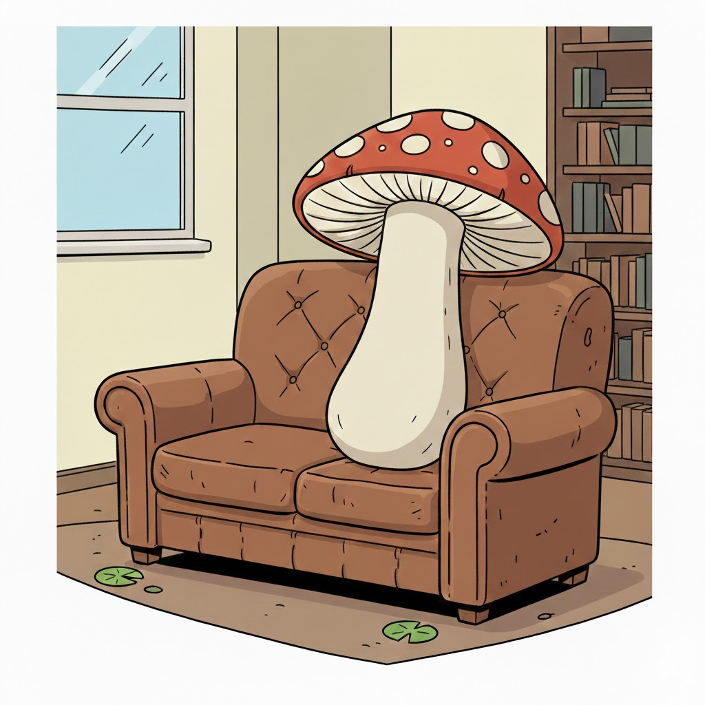 가죽소파에 앉은 친구가 버섯으로 변한 모습.  제미나이 생성 이미지