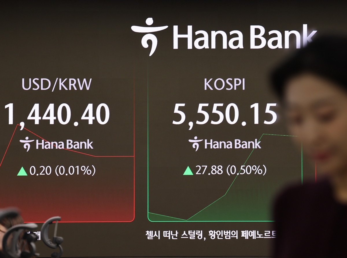 13일 서울 중구 하나은행 본점 딜링룸에서 직원들이 업무를 보고 있다. 이날 코스피는 전장보다 8.56포인트(0.16%) 내린 5513.71로 시작했으나, 전날 세운 종가 기준 역대 최고치 5522.27을 넘어서고 있다. 연합뉴스