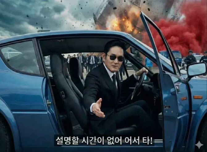 온라인 커뮤니티 등에 확산하는 삼성전자 주가 관련 AI 합성 이미지. 이재용 삼성전자 회장이 전쟁터에서 차를 몰다 차 문을 열고 “어서 타”라며 손을 내민다. 자료 : 온라인 커뮤니티