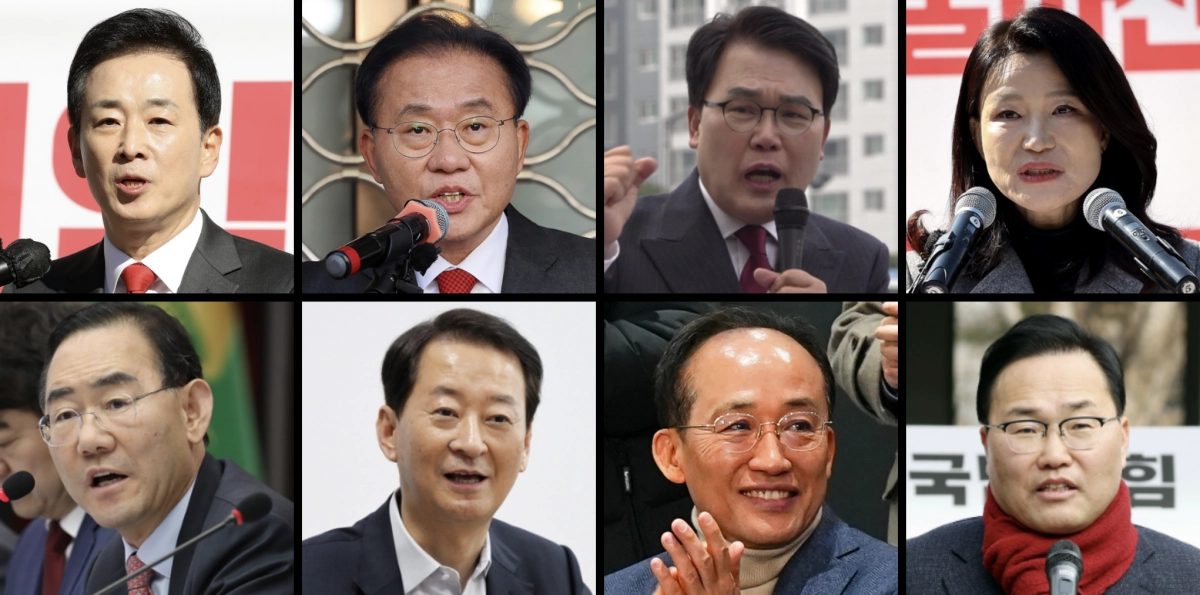 국민의힘 소속 대구시장 후보로 거론되는 인물이 8명에 달해 역대급 경쟁을 예고하고 있다. 왼쪽 윗줄부터 유영하 의원, 윤재옥 의원, 이재만 전 최고위원, 이진숙 전 방송통신위원장, 주호영 국회부의장, 최은석 의원, 추경호 의원, 홍석준 전 의원. 서울신문DB·연합뉴스·뉴시스·뉴스1