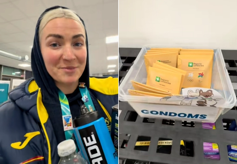2800명의 선수가 참가한  2026 밀라노·코르티나담페초 동계올림픽에서 선수촌에 배포한 콘돔 1만개가 모두 소진돼 재입고가 진행 중이라고 14일(현지시간) 주최 측이 밝혔다. 사진은 스페인 피겨스케이팅 아이스댄스 국가대표 올리비아 스마트가 선수촌에 비치된 콘돔 박스를 보여주는 모습. 올리비아 스마트 틱톡 캡처