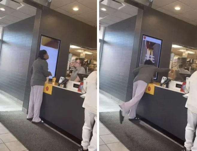 미국 미시간주 맥도날드에서 캐샤라 브라운(49)이 직원에게 커피를 던지는 순간. 부에나비스타 경찰서 제공