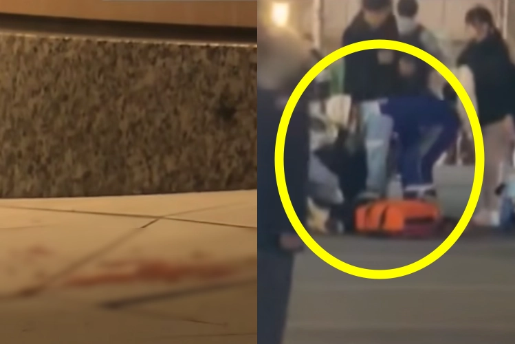 일본 오사카의 최대 번화가인 도톤보리에서 10대 소년 3명이 흉기에 찔려 사망하거나 크게 다치는 사건이 발생했다. 사진은 사건 현장 인근에 있는 혈흔(왼쪽)과 구조대가 피해자에게 응급처치하는 모습. FNN프라임온라인 유튜브 캡처