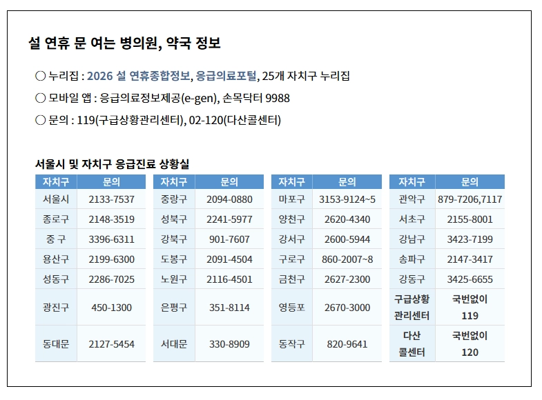 설 연휴 기간 문여는 병의원 및 약국 확인 자치구 연락처. 서울시 홈페이지 화면 캡쳐