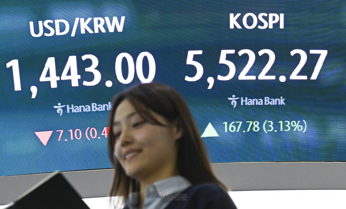 코스피가 사상 처음으로 5500을 돌파 마감했다. 주가 지수가 12일 서울 중구 하나은행 딜링룸 전광판에 표시되고 있다. 이날 코스피는 전 거래일 대비 167.78p(3.13%) 상승한 5522.27에 장을 마쳤다. 2026.2.12 이지훈 기자