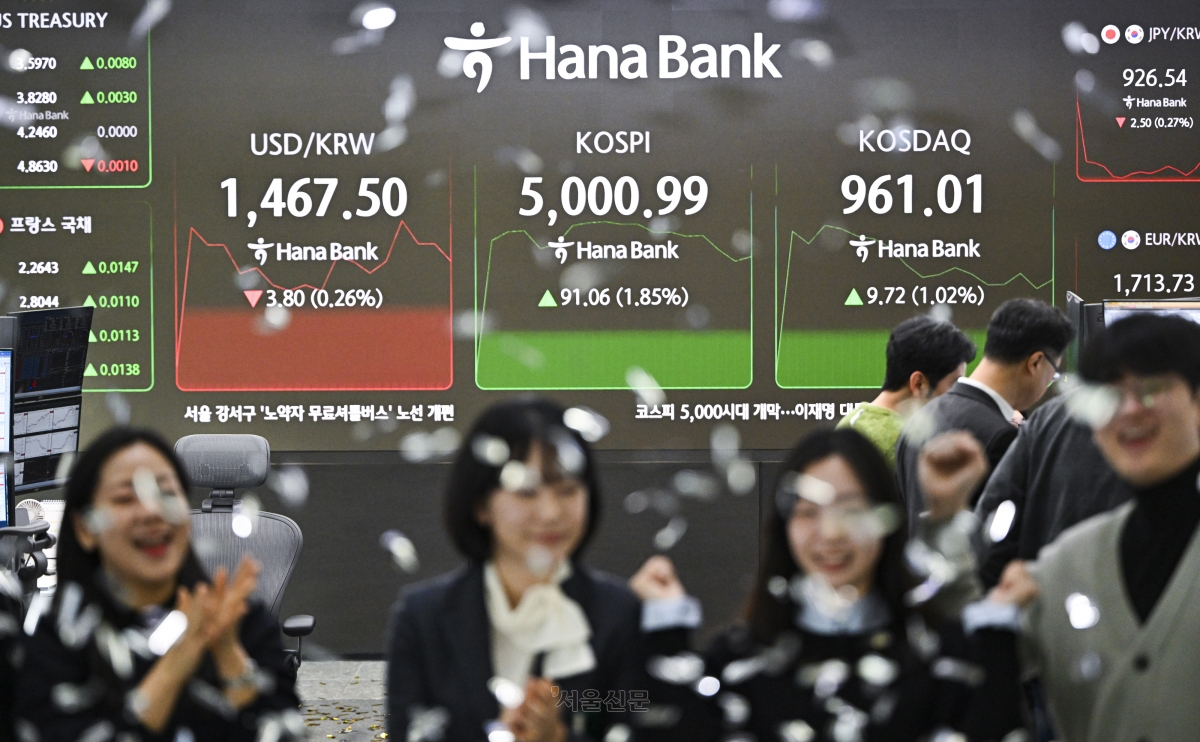 코스피가 장 초반 5000을 돌파한 22일 서울 중구 하나은행 본점 딜링룸에서 딜러들이 코스피 5000시대 개막을 축하하며 퍼포먼스를 하고 있다. 2026.1.22 이지훈 기자