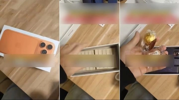 중국에서 한 남성이 회사 송년회에서 최신 아이폰에 당첨됐지만, 집에서 상자를 열어보니 타일과 초콜릿 등이 들어있었다며 황당한 사연을 전했다. 왼쪽부터 아이폰 상자, 타일, 초콜릿의 모습. 웨이보 캡처