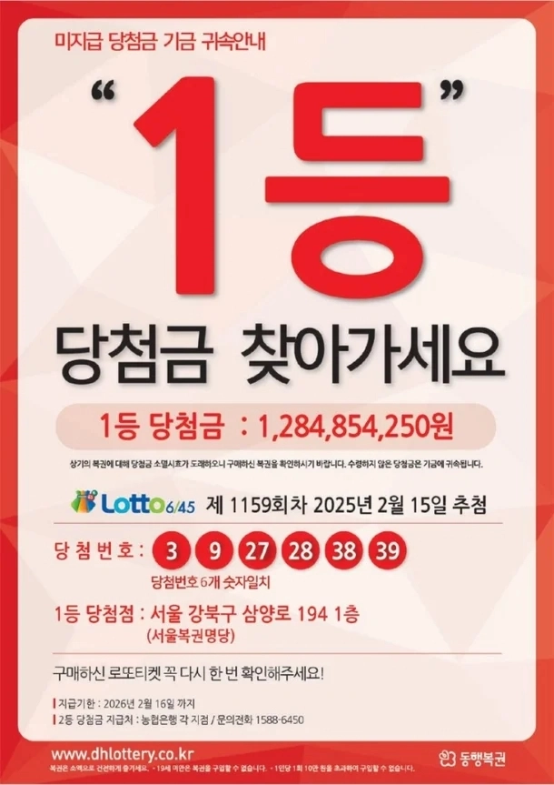 복권수탁사업자 동행복권에 따르면 지난해 2월 15일 추첨한 1159회차 1등과 2등 당첨금 각각 1건씩 총 2건이 아직 지급되지 않았다. 동행복권 제공