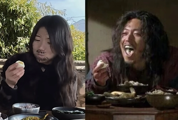 충주시 유튜브 ‘충TV’에 17일 올라온 ‘추노’ 영상(왼쪽). 뉴미디어팀 최지호 주무관이 KBS 2TV 드라마 ‘추노’의 명장면인 이른바 ‘계란 오열 씬’(오른쪽)을 패러디했다. 자료 : 충TV·KBS 2TV