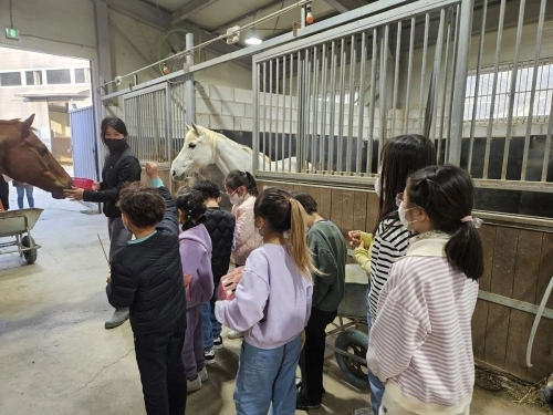 승마 전문 강사로 부터 체험 전 사전설명을 듣고 궁금한 점을 직접 묻는 초등학생들 모습