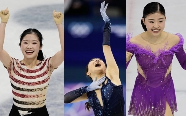 18일(한국시간) 열린 2026 밀라노·코르티나담페초 동계올림픽 피겨스케이팅 여자 싱글 쇼트 프로그램에서 1위를 차지한 나카이 아미(왼쪽부터)와 2위에 오른 사카모토 가오리, 4위에 오른 치바 모네. 자료 : AP 뉴시스