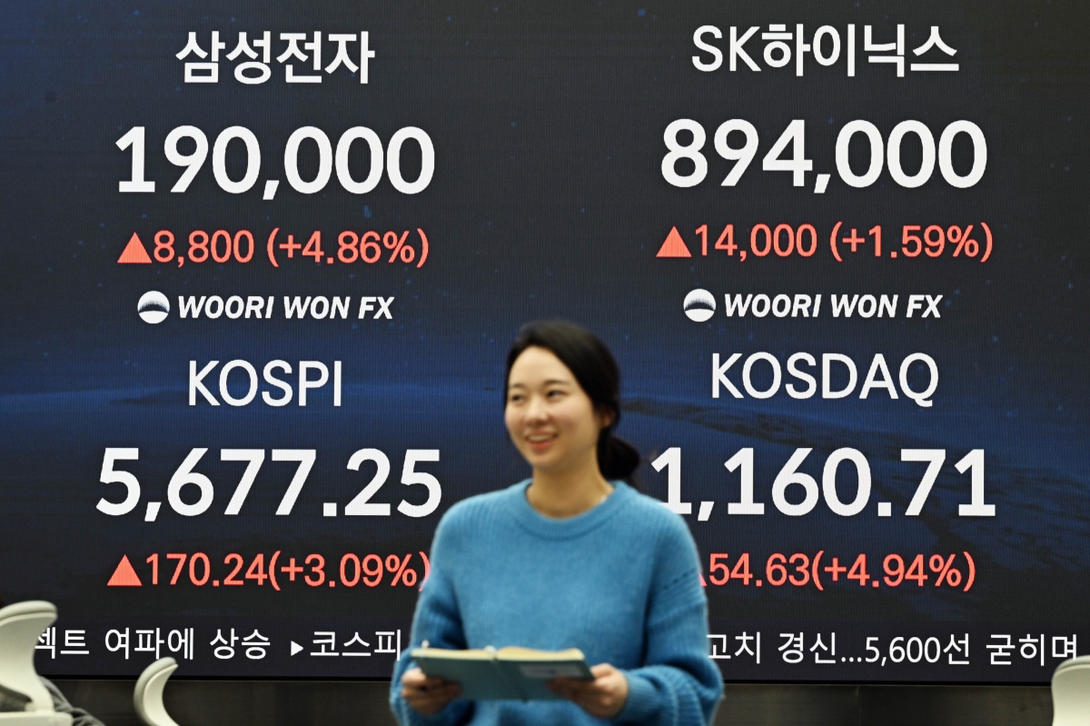 코스피가 사상 첫 5600선 마감한 19일 서울 중구 우리은행 본점 딜링룸 전광판에 종가 및 기업 주가가 표시돼 있다. 2026.2.19 홍윤기 기자