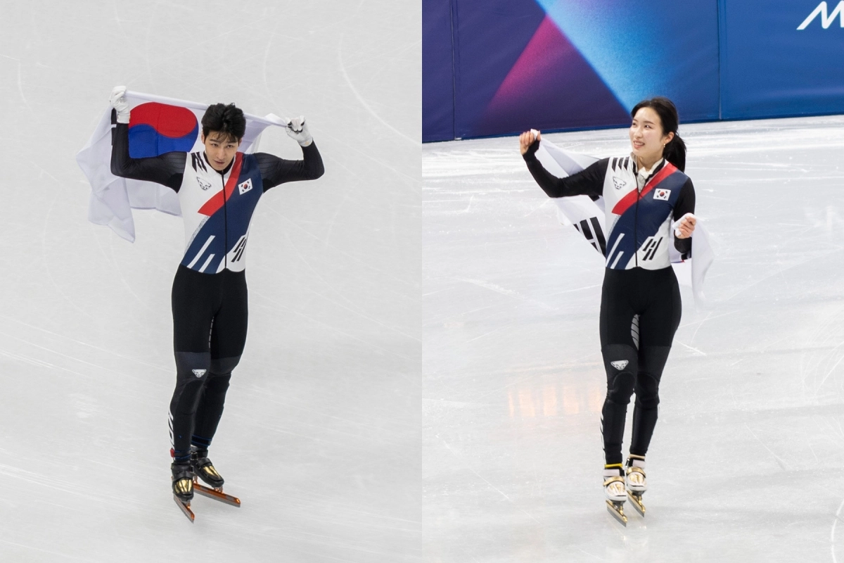 2026 밀라노·코르티나담페초 동계올림픽에서 남자 1500m 은메달을 딴 황대헌(왼쪽) 선수와 여자 1000m 동메달을 딴 김길리 선수. 밀라노 류재민 기자