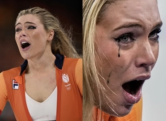 유타 레이르담(네덜란드)이 10일(한국시간) 이탈리아 밀라노에서 열린 2026 밀라노·코르티나담페초 동계올림픽 스피드 스케이팅 여자 1000m에서 가장 먼저 결승선을 통과한 뒤 환호하며 상의 지퍼를 내렸다.(왼쪽) 레이르담이 착용하고 있던 나이키의 스포츠 브라가 노출되고 그의 눈 화장이 번져 검은색 눈물이 흐르는 모습(오른쪽)이 화제가 됐다. 신화·AP 뉴시스