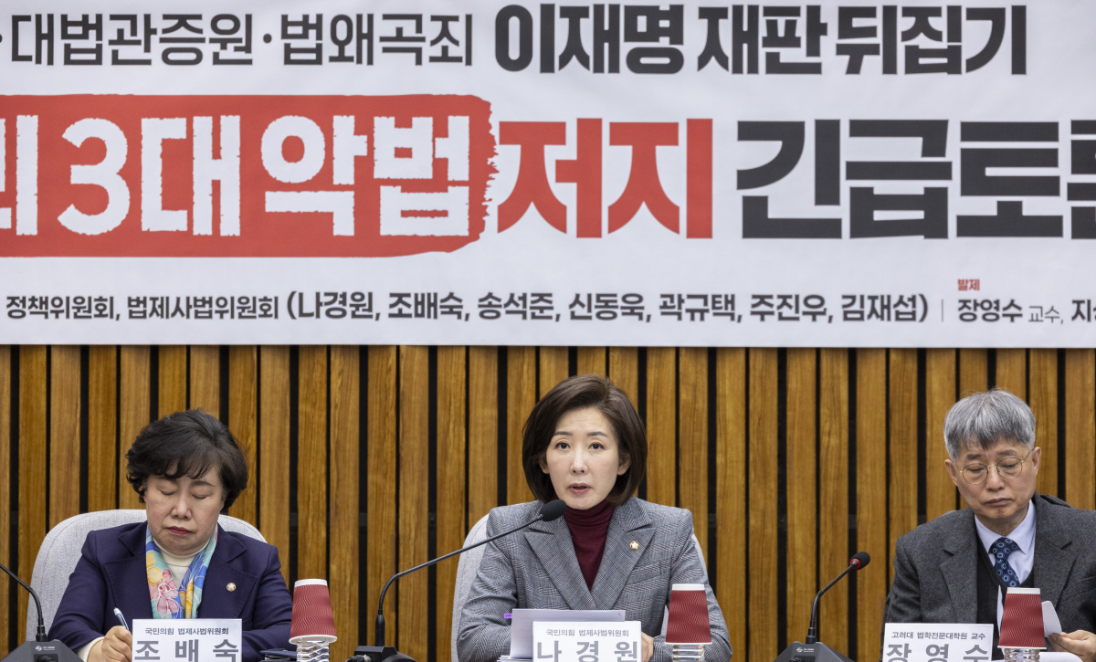 국민의힘 법사위원인 나경원 의원(가운데)이 20일 국회에서 열린 ‘사법파괴 3대 악법(4심제ㆍ대법관 증원ㆍ법 왜곡죄)’ 저지 긴급 토론회에서 인사말을 하고 있다. 토론회에서는 여당 주도로 추진되고 있는 사법 개혁안 반대 입장에 있는 학자와 법조인들이 참석해 해당 법안의 문제점 지적할 예정이다. 연합뉴스