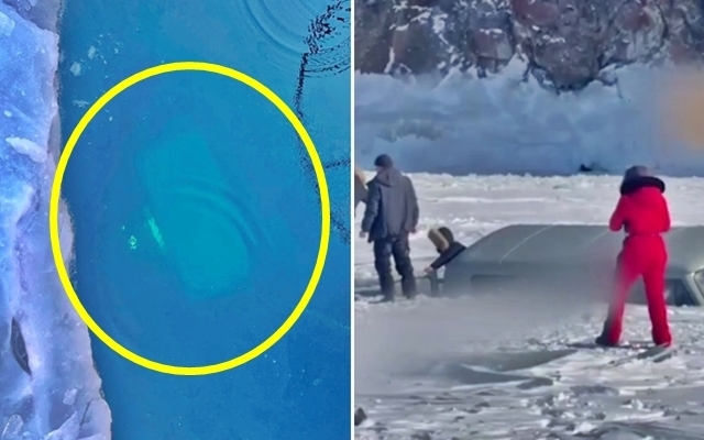 20일(현지시간) 러시아 이르쿠츠크주 바이칼 호수에서 중국인 관광객을 태운 미니버스가 얼음 구멍에 빠져 8명이 사망했다고 타스 통신이 보도했다. 사진은 침몰한 사고 버스(왼쪽)와 침몰 직전 탈출하는 관광객의 모습. 2026.2.22 이르쿠츠크주수사위원회