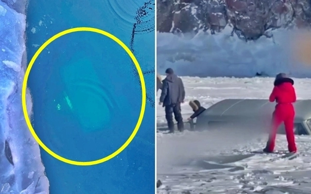 20일(현지시간) 러시아 이르쿠츠크주 바이칼 호수에서 중국인 관광객을 태운 미니버스가 얼음 구멍에 빠져 8명이 사망했다고 타스 통신이 보도했다. 사진은 침몰한 사고 버스(왼쪽)와 침몰 직전 탈출하는 관광객의 모습. 2026.2.22 이르쿠츠크주수사위원회