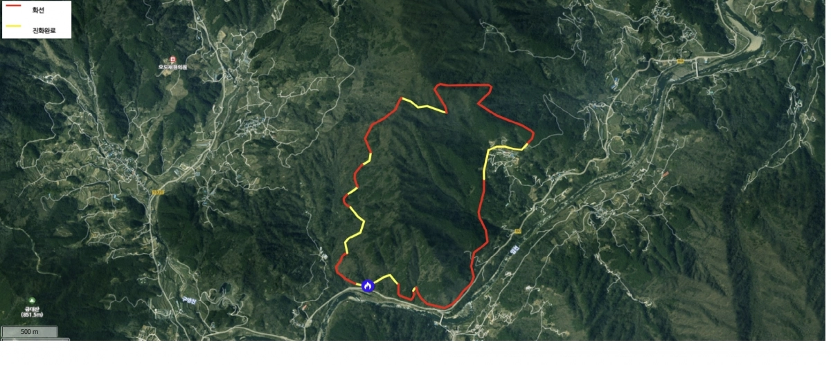 함양 산불 화선. 2026.2.23. 산림청 실시간 산불정보 갈무리
