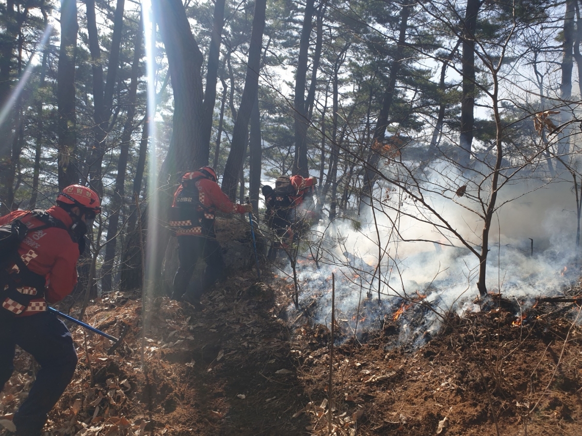 산림당국이 23일 오전 경남 함양군 마천면에서 산불 진화 작업을 하고 있다. 2026.2.23. 산림청 제공