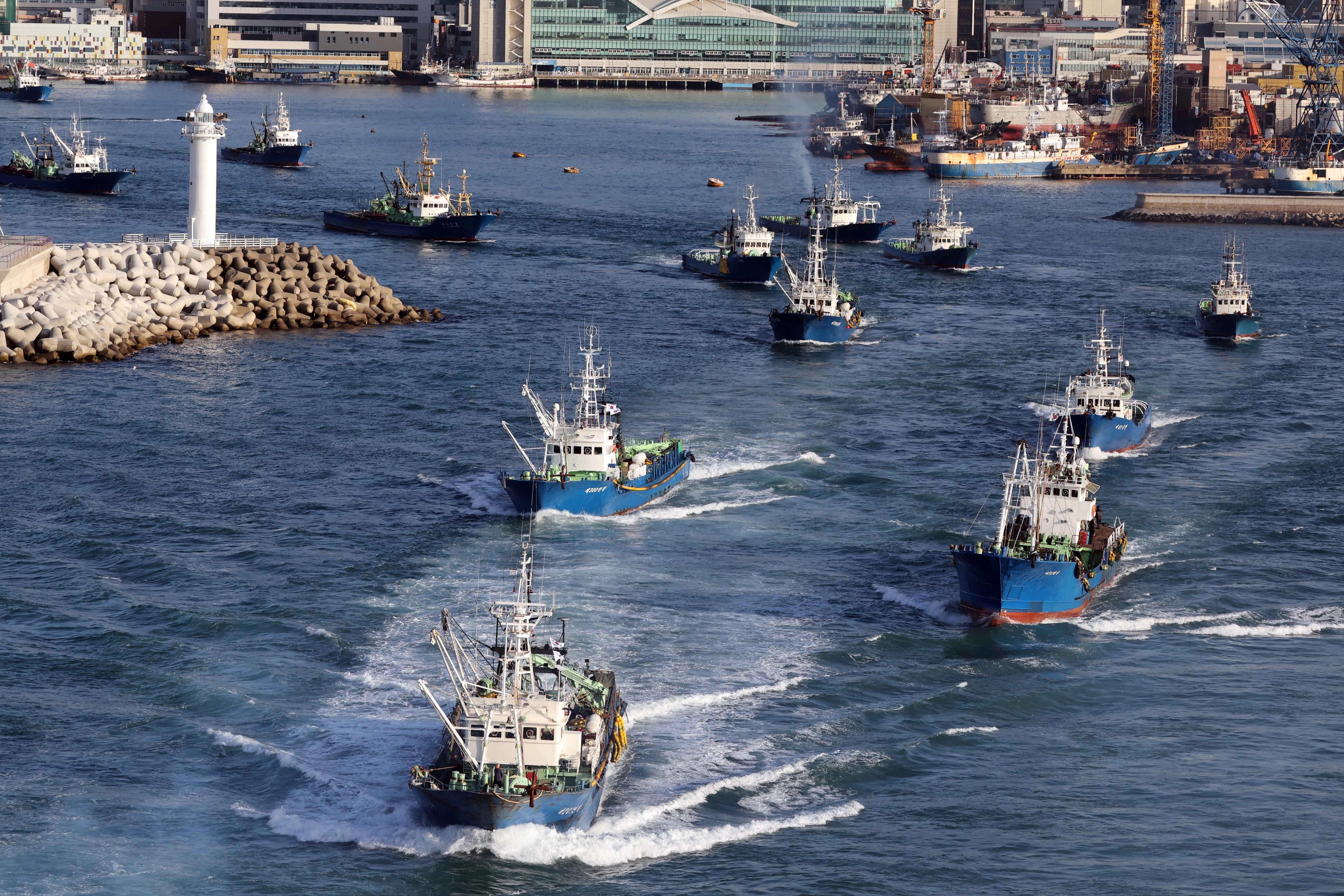 설 휴어기 마친 대형선망 어선들 일제히 출항  [부산=뉴시스] 하경민 기자 = 국내 고등어 어획량의 80% 이상을 차지하는 대형선망수협 소속 16개 선단의 어선들이 23일 오전 부산 서구 부산공동어시장에서 설 연휴 이후 첫 조업을 위해 일제히 출항하고 있다.

 대형선망 1개 선단은 본선 1척과 등선 2척, 운반선 3척 등 총 6척으로 구성된다. 2026.02.23. yulnetphoto@newsis.com

<저작권자ⓒ 공감언론 뉴시스통신사. 무단전재-재배포 금지.>