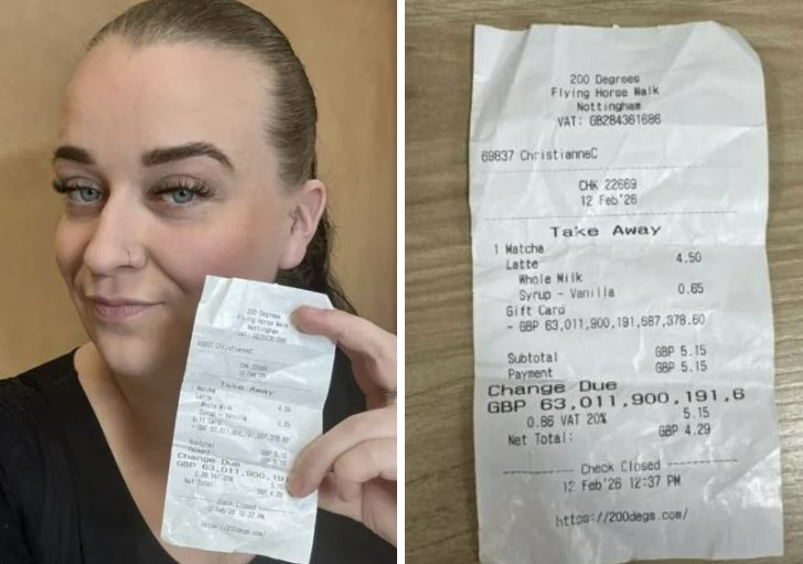 잔액으로 약 12해 2762경원이 넘는 영수증(오른쪽)을 받은 영국의 사업가 소피 다우닝. BBC 캡처