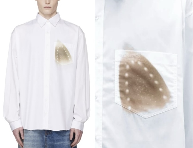 프랑스의 명품 스트릿 패션 브랜드 ‘베트멍’이 최근 출시한 ‘화이트 아이로닝 번 그래픽 셔츠’. 면 100% 소재의 셔츠 왼쪽 가슴 부분에 다림질하다 태운 자국을 본뜬 디자인이 프린트돼 있다. 160만원대에 판매 중이다. 자료 : 베트멍 공식 홈페이지