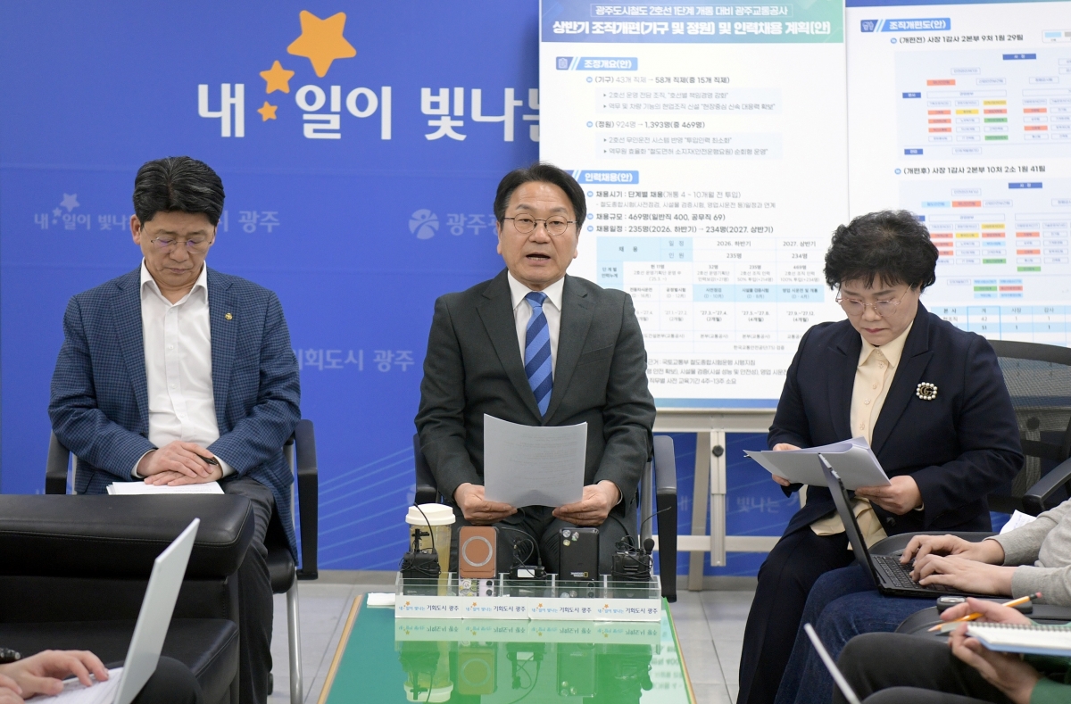 강기정 광주시장이 24일 시청 브리핑룸에서 간담회를 열고 올해 공직자 1000명 채용계획을 발표하고 있다. 광주광역시 제공