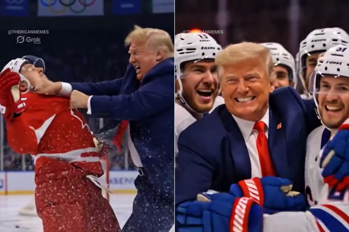 도널드 트럼프 미국 대통령이 23일(현지시간) 자신의 트루스소셜 계정에 올린 인공지능(AI) 생성 영상 일부. 영상 속 미국 아이스하키 대표팀으로 분한 트럼프 대통령이 캐나다 선수를 주먹질로 때려눕히는 모습(왼쪽)과 결승골을 넣은 후 미국 선수들과 승리를 기뼈하는 모습. 트럼프 대통령 트루스소셜 캡처