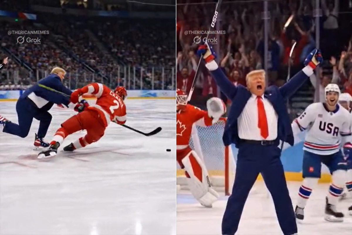 도널드 트럼프 미국 대통령이 23일(현지시간) 자신의 트루스소셜 계정에 올린 인공지능(AI) 생성 영상 일부. 영상 속 미국 아이스하키 대표팀으로 분한 트럼프 대통령이 캐나다 선수를 몸싸움으로 날려버리는 모습(왼쪽)과 결승골을 넣은 직후 포효하는 모습. 트럼프 대통령 트루스소셜 캡처