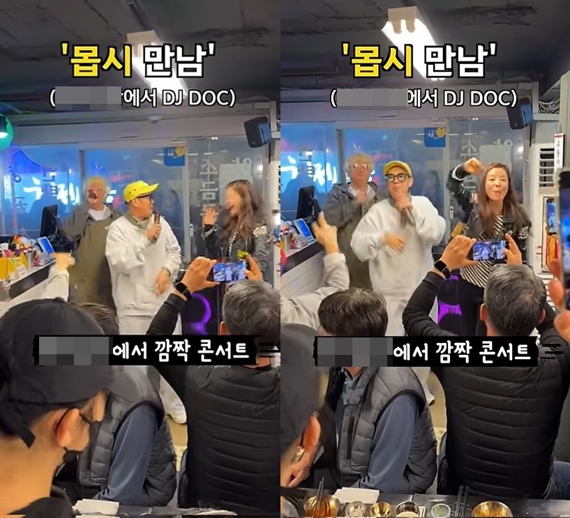 배우 김규리가 이달 초 자신의 유튜브 채널에 공개한 영상. DJ DOC 멤버 이하늘이 운영하는 서울 은평구의 곱창집에서 노래를 부르고 춤을 추는 등 ‘깜짝 콘서트’가 열렸다. 자료 : 김규리 유튜브