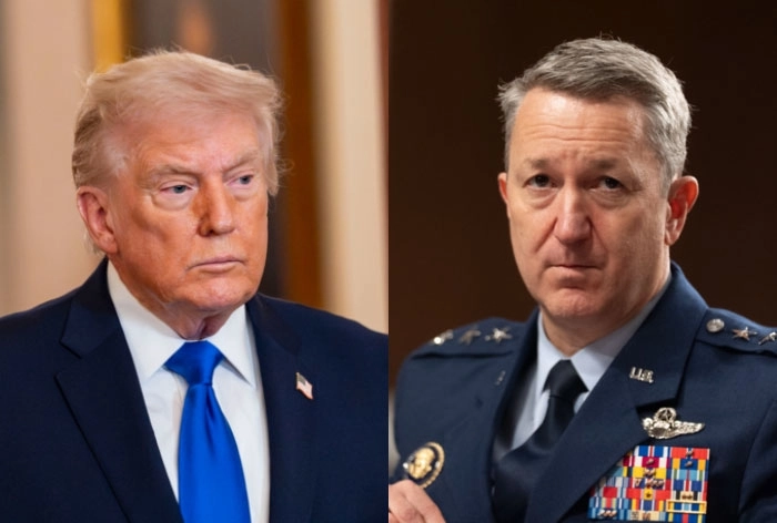 도널드 트럼프(왼쪽) 미국 대통령·댄 케인(오른쪽) 미 합참의장.  UPI·AP 연합뉴스