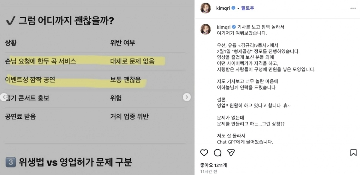 배우 김규리가 이하늘·정재용이 운영하는 서울 은평구 곱창집에서 노래를 부르고 춤을 춘 것에 대해 관할 구청의 단속이 이뤄지자 “식품위생법 위반으로 행정 처분을 받기 어려운 사안”이라는 취지의 챗GPT 답변을 캡쳐해 자신의 소셜미디어(SNS)에 공개했다. 자료 : 김규리 인스타그램