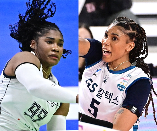 프로배구 V리그 여자부 한국도로공사의 모마와 GS칼텍스의 실바. 한국배구연맹 제공