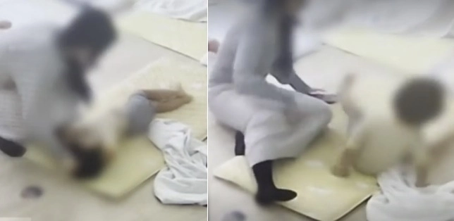 국회 어린이집의 한 교사가 2세 아이의 머리채를 잡고 일으킨 뒤 밀치는 모습이 포착됐다. 채널A 캡처