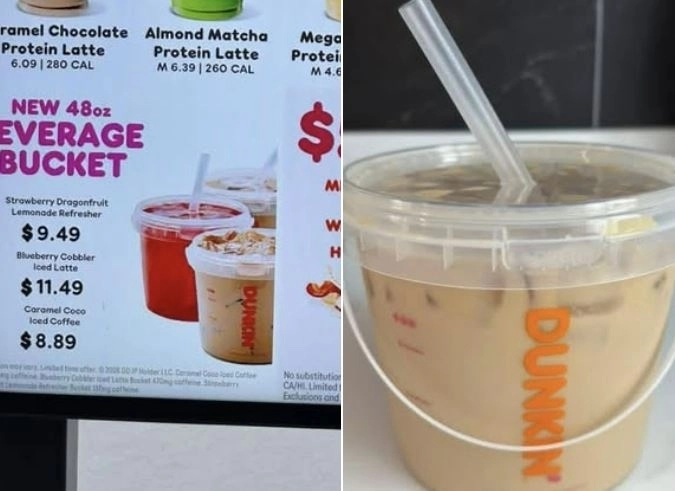 미국 일부 매장에서 시험 판매 중인 던킨의 1.4리터(ℓ) 용량 ‘양동이 음료’. 소셜미디어(SNS) 캡처