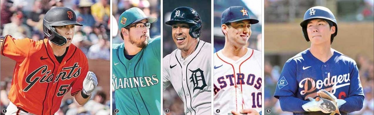 2026 월드 베이스볼 클래식(WBC) 한국 대표팀 합류를 앞둔 ① 이정후가 지난 24일(한국시간) 미국 애리조나주 스코츠데일 스타디움에서 열린 샌프란시스코 자이언츠와 애슬레틱스의 미국 프로야구 메이저리그 2026시즌 시범경기에서 1루로 달려 나가고 있다. 어머니가 각각 한국인인 한국계 빅리거 중에는 ② 시애틀 매리너스 투수 데인 더닝과 ③ 디트로이트 타이거스 외야수 저마이 존스, ④ 휴스턴 애스트로스 내야수 셰이 위트컴이 대표팀에 합류한다. ⑤ 로스앤젤레스 다저스 김혜성은 26일 애리조나 다이아몬드백스와 시범경기에서 3타수 2안타 2도루를 기록하며 WBC 맹활약을 예고했다. 스코츠데일·피오리아 로이터 연합뉴스·구단 SNS