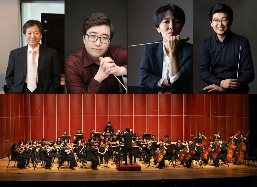 마포문화재단이 3월부터 시작하는 마티네 공연 ‘MAC모닝’ 출연질.  윗줄 왼쪽부터 콘서트마스터 김용배, 지휘자 김광현, 지휘자 여자경, 지휘자 정현. 아래는 마티네 기획을 위해 결성한 오케스트라M. 마포문화재단 제공