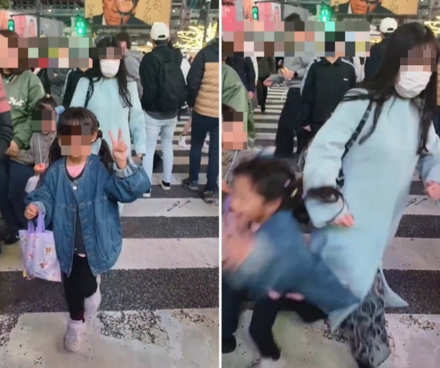 일본 도쿄의 대표적 관광지인 시부야 교차로에서 한 성인 여성이 사진 촬영 중인 어린이를 몸으로 강하게 밀어 넘어뜨리는 영상이 온라인에 공유돼 논란이 커지고 있다. SNS 캡처