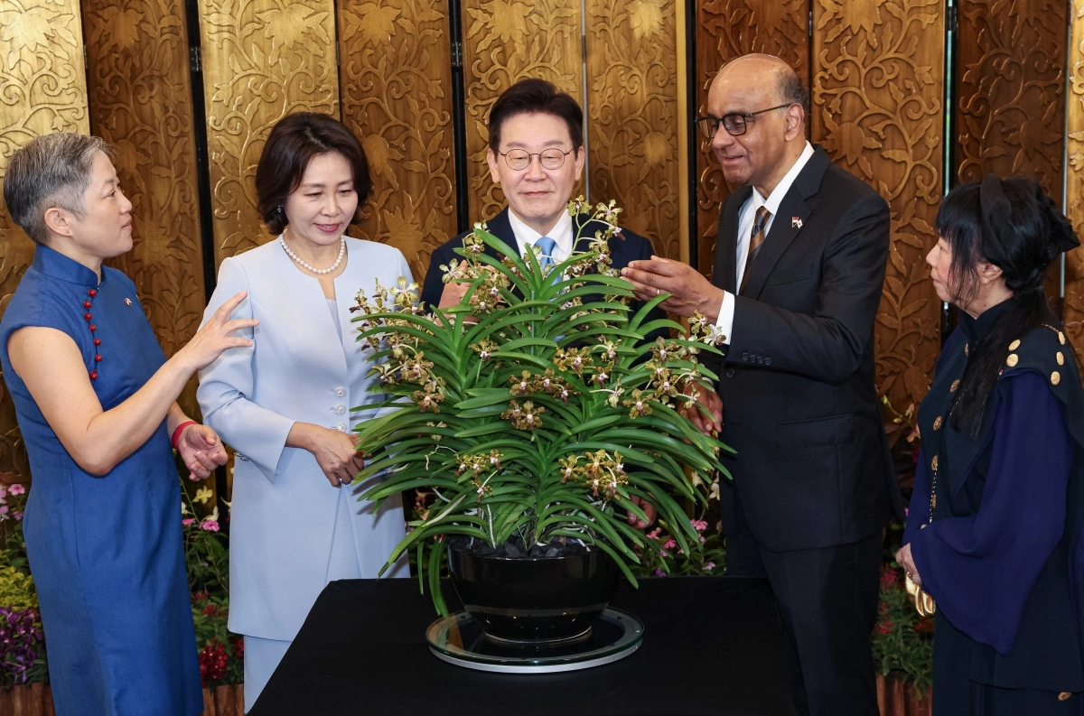 싱가포르를 국빈 방문 중인 이재명 대통령과 김혜경 여사가 2일(현지시간) 싱가포르 외교부에서 대통령 부부의 이름을 딴 ‘이재명 김혜경 난’(Vanda Lee Jae Myung Kim Hea Kyung)을 살펴보고 있다. 이 대통령 오른쪽은 타르만 샨무가라트남 싱가포르 대통령. 싱가포르 뉴스1