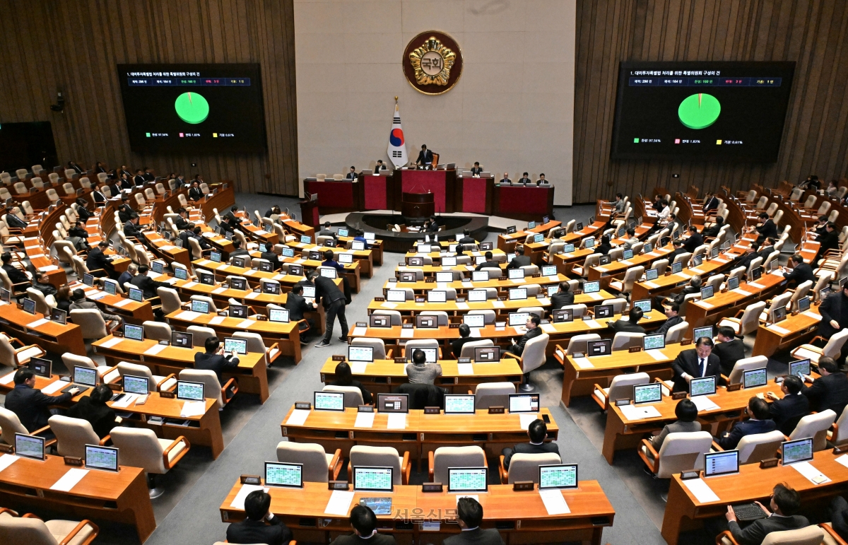 지난 9일 서울 여의도 국회에서 열린 제432회 국회(임시회) 제4차 본회의에서 대미투자특별법 처리를 위한 특별위원회 구성의 건이 재석 164인 중 찬성 160인, 반대 3인, 기권 1인으로 가결되고 있다. 2026.2.9 안주영 전문기자