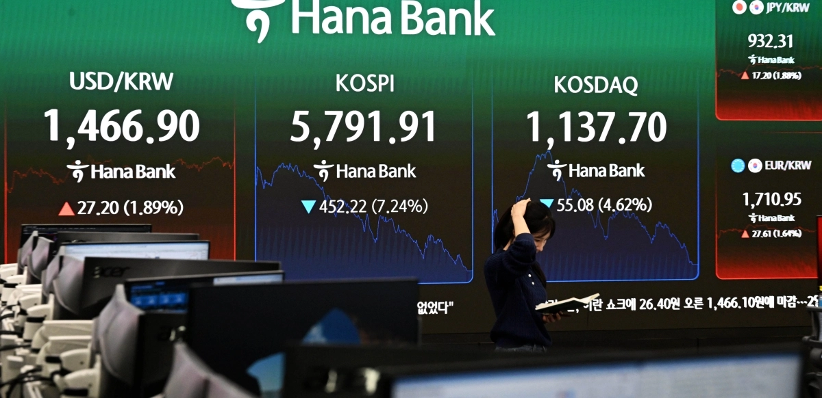미국과 이란의 전쟁으로 지정학적 불안감이 지속되고 있는 3일 서울 중구 하나은행 딜링룸 현황판에 코스피 지수 등이 표시되고 있다. 2026.3.3 홍윤기 기자