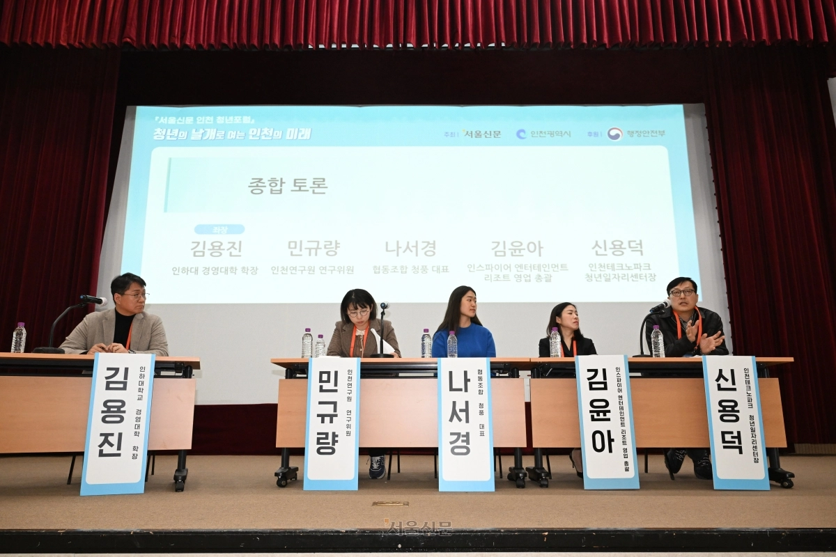 서울신문 인천 청년포럼 ‘청년의 날개로 여는 인천의 미래’가 3일 인천시청에서 열린 가운데 김용진 인하대 경영대학장이 좌장을 맡은 종합토론이 열리고 있다. 왼쪽부터 김 학장, 민규량 인천연구원 연구위원, 나서경 협동조합 청풍 대표, 김윤아 인스파이어 엔터테인먼트 리조트 영업총괄, 신용덕 인천테크노파크 청년일자리센터장. 이지훈 기자