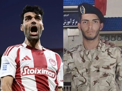 이란 축구 스타 메흐디 타레미(올림파아코스 FC). 오른쪽은 그의 군복무 시절 모습. 자료 : 메흐디 타레미 소셜미디어(SNS)